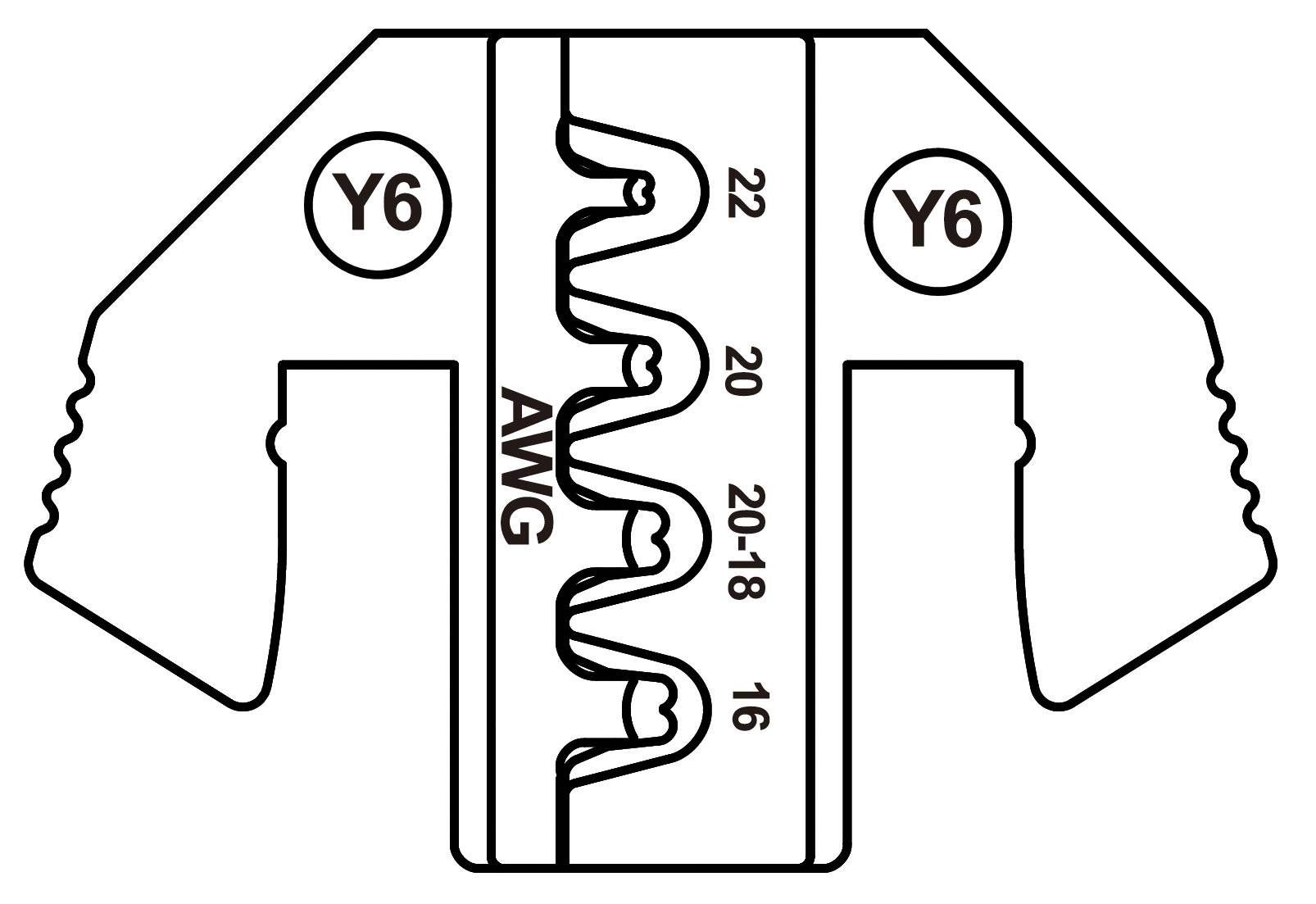 'Crimpzange für AWG-Drahtgrößen 22 bis 16. Gewellte Kerben zur Kabelverbindung. Bezeichnung Y6 oben links und rechts sichtbar.'