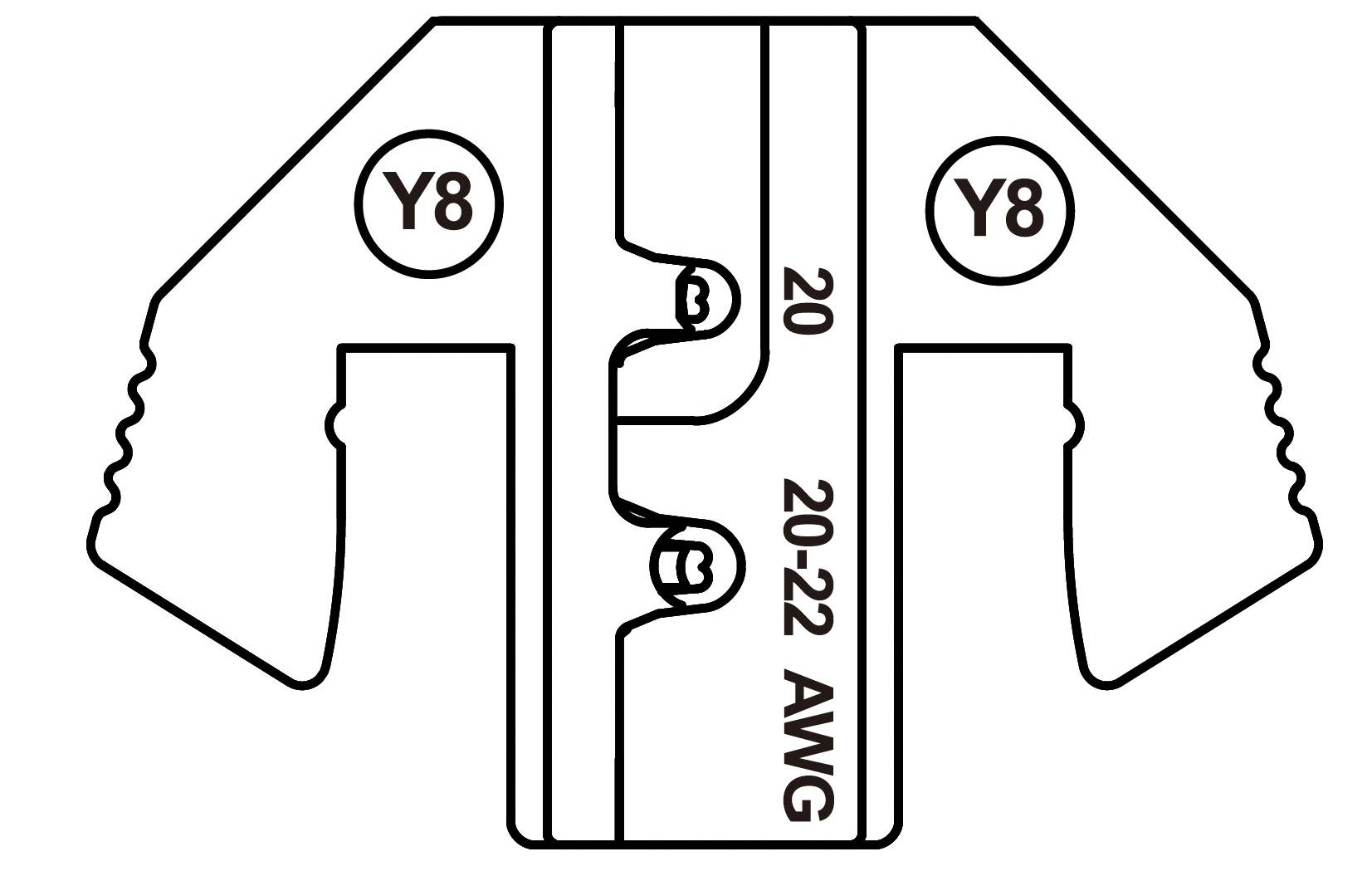 Abbildung einer Crimpzange für Kabel, gekennzeichnet mit 'Y8', geeignet für 20-22 AWG Kabel; zwei Crimpbereiche erkennbar.
