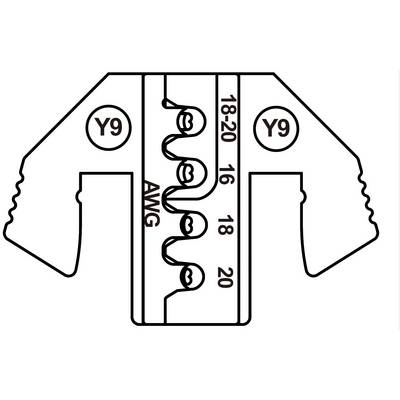 Crimpzangen-Illustration mit Beschriftungen 'Y9', 'AWG', Zahlen 18-20, 16, 18, 20. Zeigt verschiedene Drahtgrößenpositionen für Crimpen.