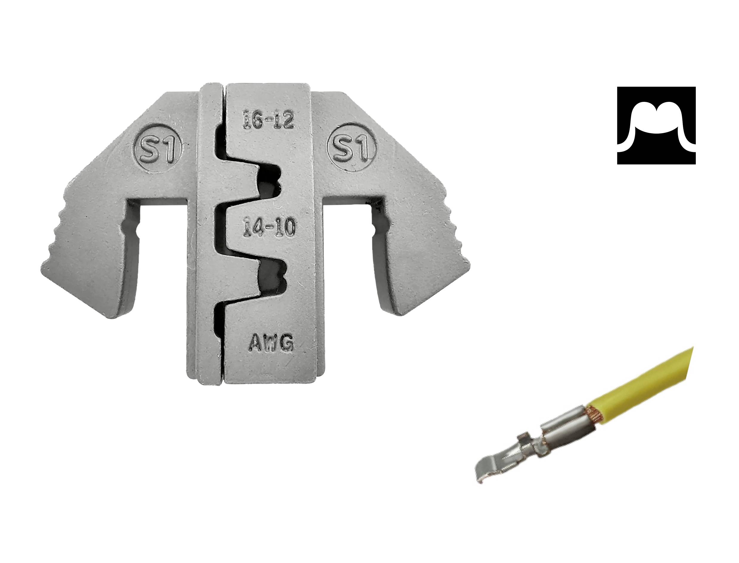 'Crimpwerkzeug mit zwei Biegeöffnungen und Klemme, rechts unten gelbes Kabel mit Stecker.'