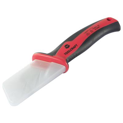 Ein rot-schwarzes Werkzeug mit breitem Kunststoffblatt und ergonomischem Griff. Geeignet zum Entfernen von Eis oder zum Spachteln.