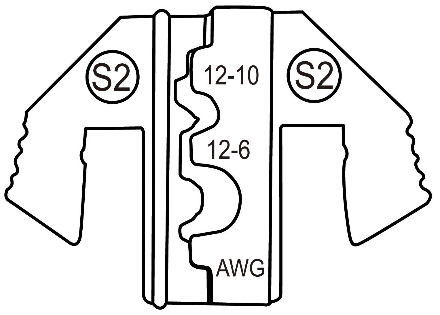 'Illustration eines Werkzeugteils mit Aufschriften. Links und rechts kreisförmige Markierungen mit "S2". In der Mitte "12-10", "12-6" und "AWG".'