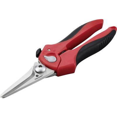 Eine rote Gartenschere mit schwarzen Griffen, ausgeklappt und seitlich gezeigt.