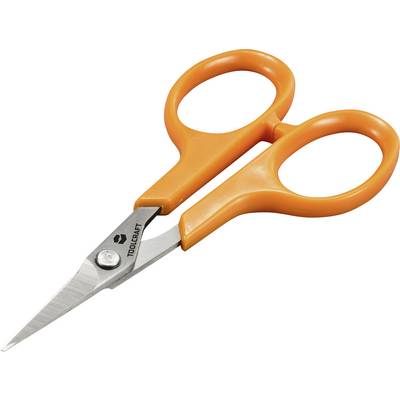 'Schere mit orangefarbenen Griffen, kompakte Größe, spitze Klingen, geeignet für präzises Schneiden in Handwerksprojekten.'