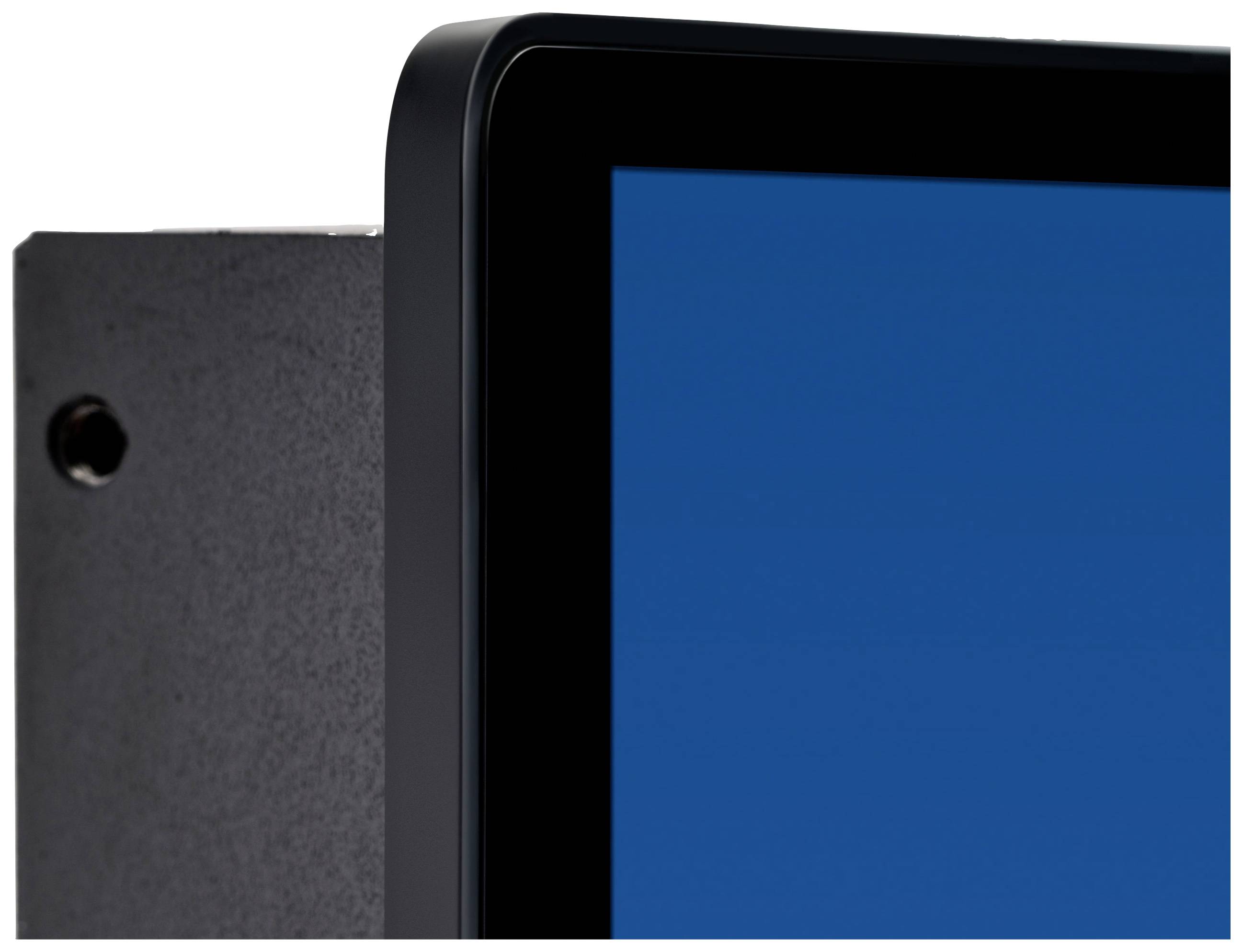 Ecke eines schwarzen elektronischen Geräts mit einem blauen Bildschirm sichtbar. Das Gehäuse hat eine schwarze, matte Oberfläche.
