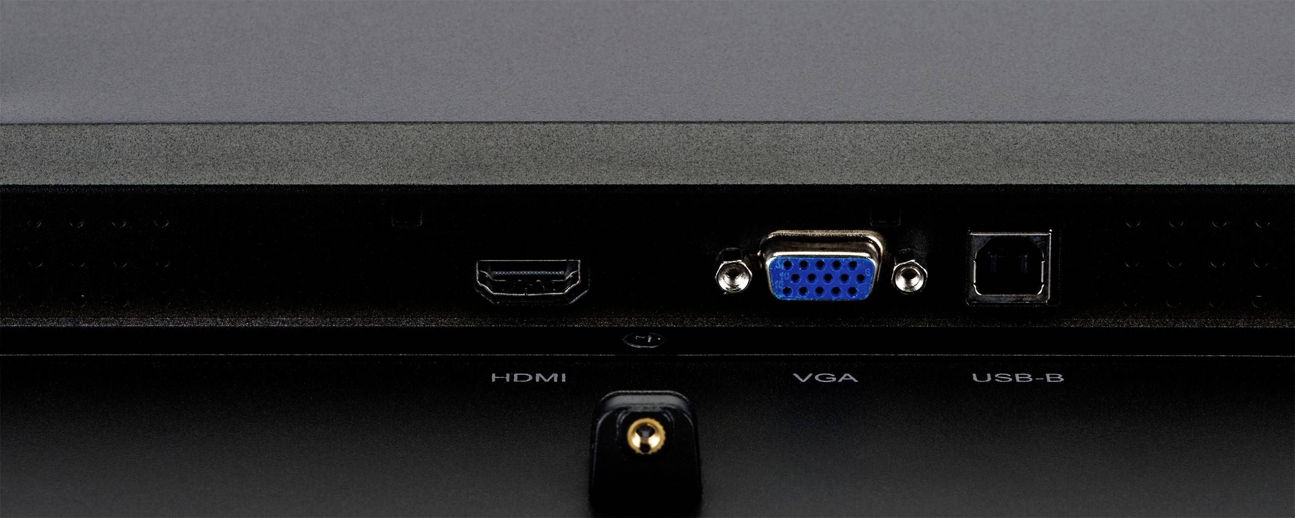 Rückseite eines Monitors mit drei Anschlüssen: HDMI, VGA und USB-B.
