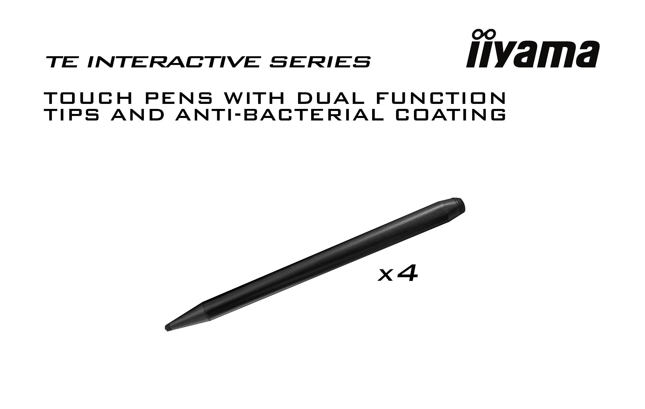 'TE Interactive Series' Touchpens mit Doppelfunktion und antibakterieller Beschichtung, abgebildet mit vier Stiften.