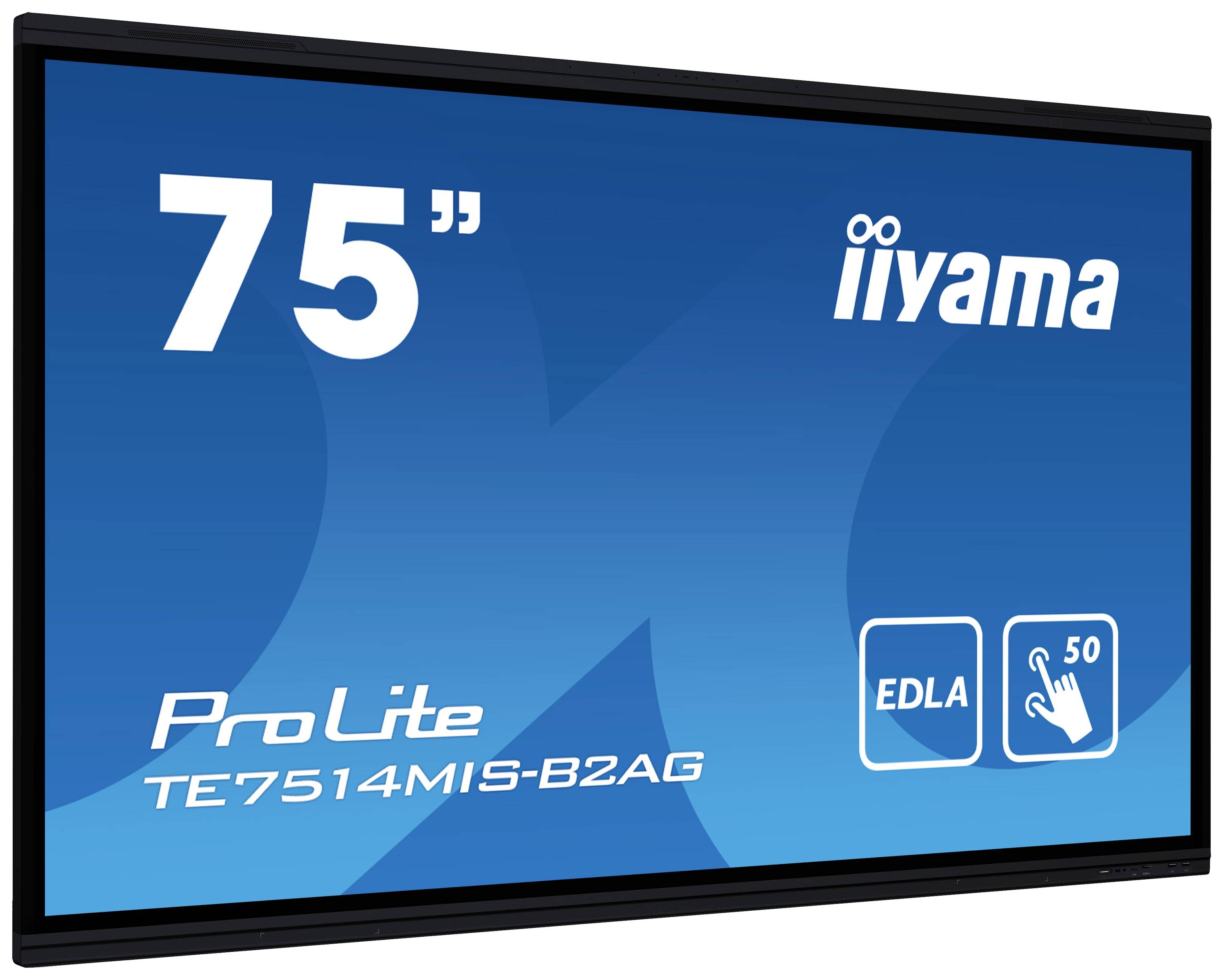 Anzeige des iiyama 75-Zoll ProLite-Monitors, Modell TE7514MIS-B2AG, mit Touch-Funktion (50 Berührungspunkte) und EDLA-Unterstützung.
