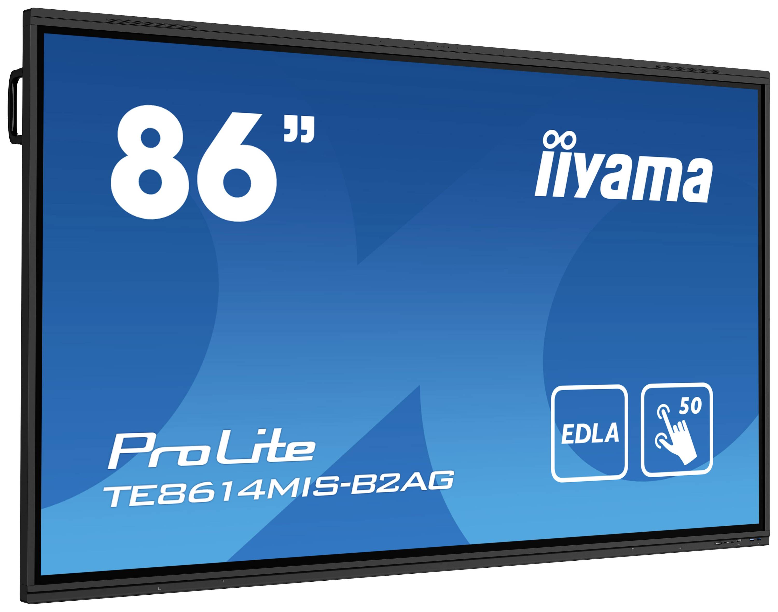 Interaktiver 86-Zoll-ProLite-Bildschirm von iiyama, Modell TE8614MIS-B2AG, mit EDLA-Technologie und 50 Berührungspunkten.