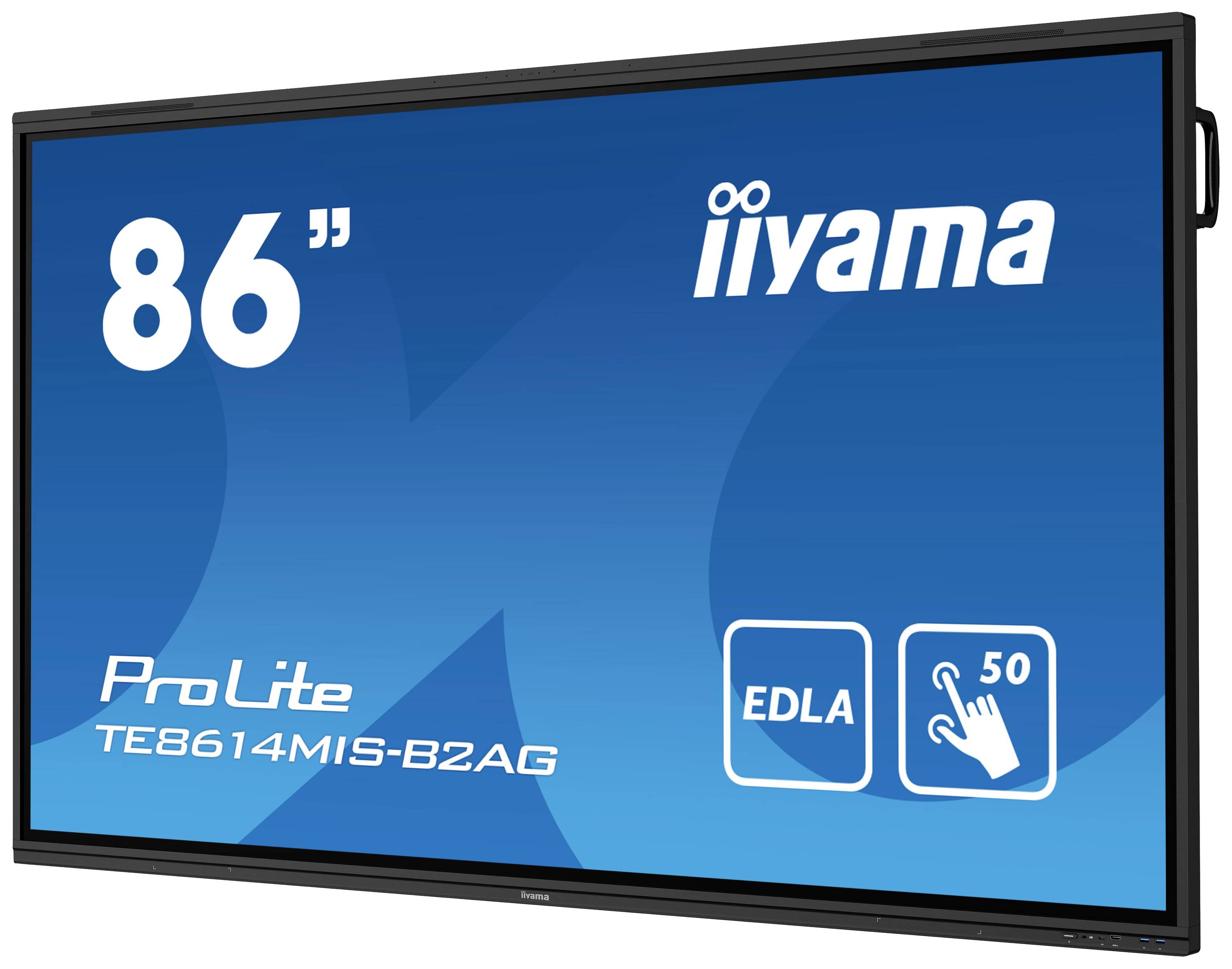 Ein interaktives 86-Zoll iiyama Display, Modell ProLite TE8614MIS-B2AG, mit Touchscreen-Funktion, ideal für Präsentationen.
