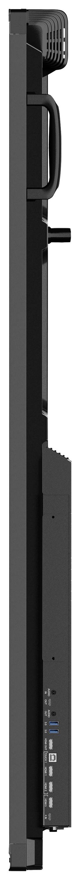 Ein seitliches Profil eines schwarzen Monitors mit sichtbaren Anschlüssen an der Unterseite.