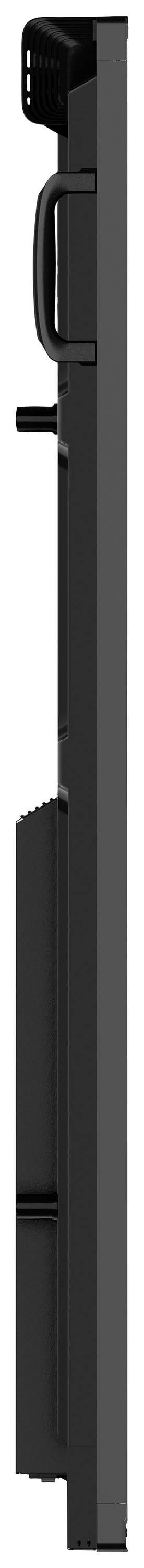 Schwarze vertikale Form mit Haken und Griff auf der linken Seite; könnte ein Regal oder Halterung sein.