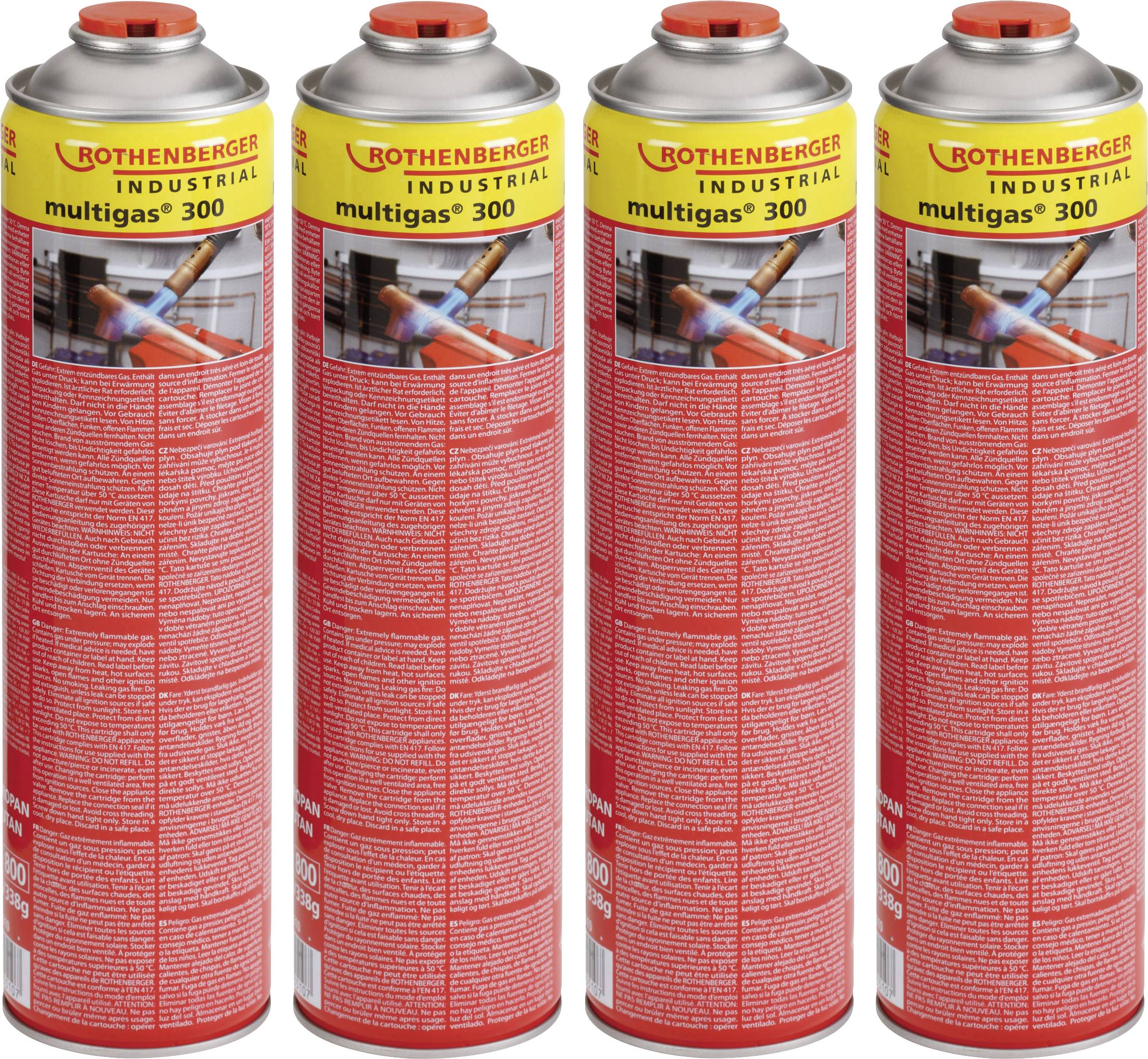 Vier rote Gasflaschen mit der Aufschrift 'ROTHENBERGER INDUSTRIAL multigas 300', geeignet für industrielle Anwendungen.