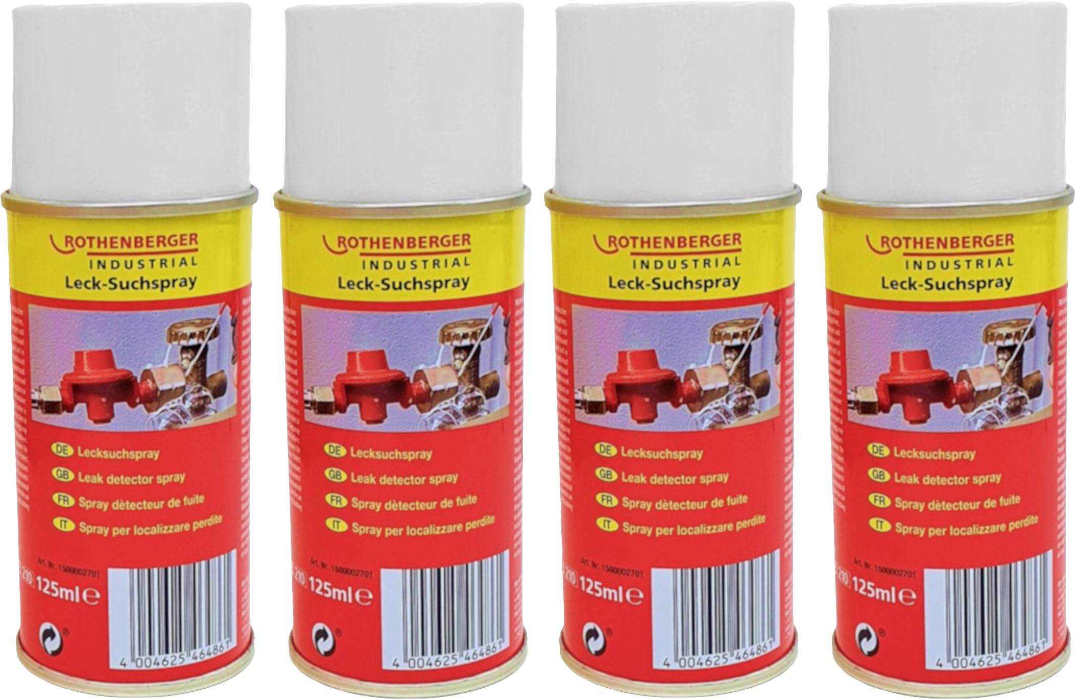 Vier Dosen Leck-Suchspray 'Rothenberger Industrial', je 125 ml. Zur Leckageerkennung in Rohrleitungen, rote Verpackung mit Produktbild.