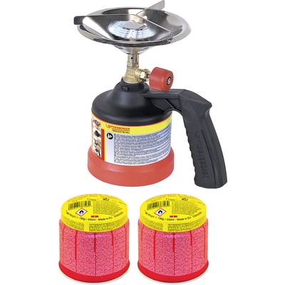 Tragbarer Camping-Gaskocher mit rotem Handgriff auf einer Gaskartusche, daneben zwei zusätzliche gelbe Gaskartuschen.