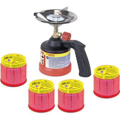 Tragbarer Campingkocher mit schwarzem Griff und vier roten Gaskartuschen. Eignet sich für Outdoor-Kochen.