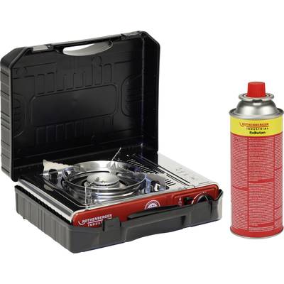 Ein tragbarer Gaskocher mit offenem Deckel neben einer roten Gaskartusche. Ideal für Camping oder Outdoor-Aktivitäten.