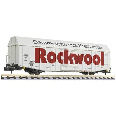 Ein Güterwaggon mit der Aufschrift 'Dämmstoffe aus Steinwolle Rockwool' auf der Seite. Der Waggon steht auf Bahngleisen.