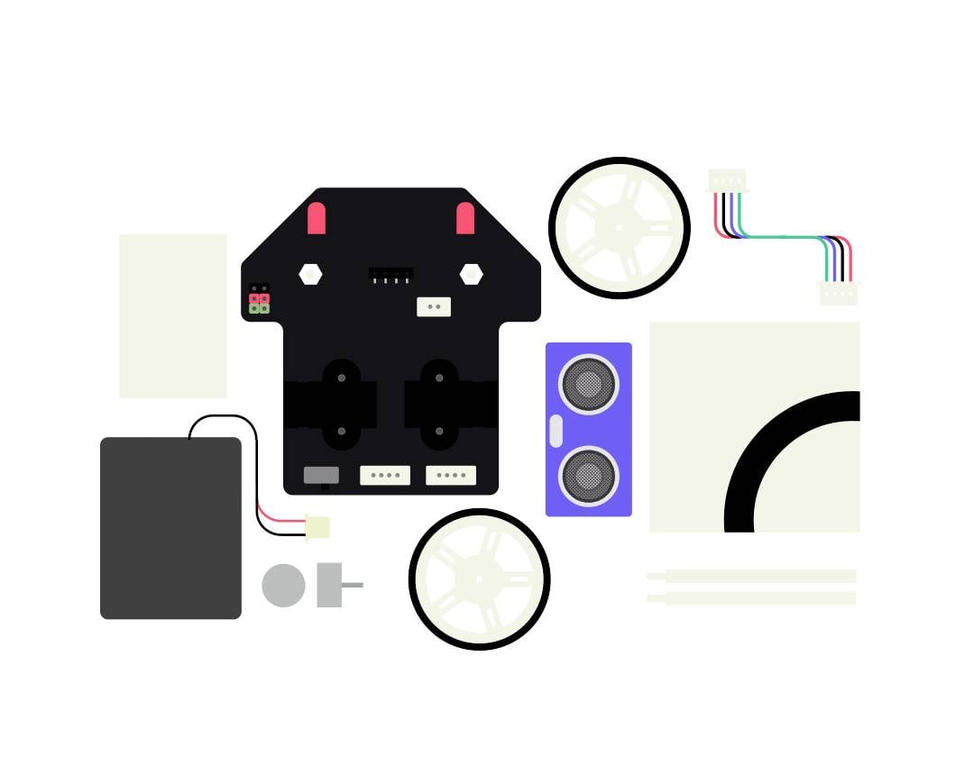 Bauteile eines Roboter-Kits: Hauptplatine, zwei Räder, Lautsprecher, Kabel, Batteriehalter und Sensoren, auf weißem Hintergrund.