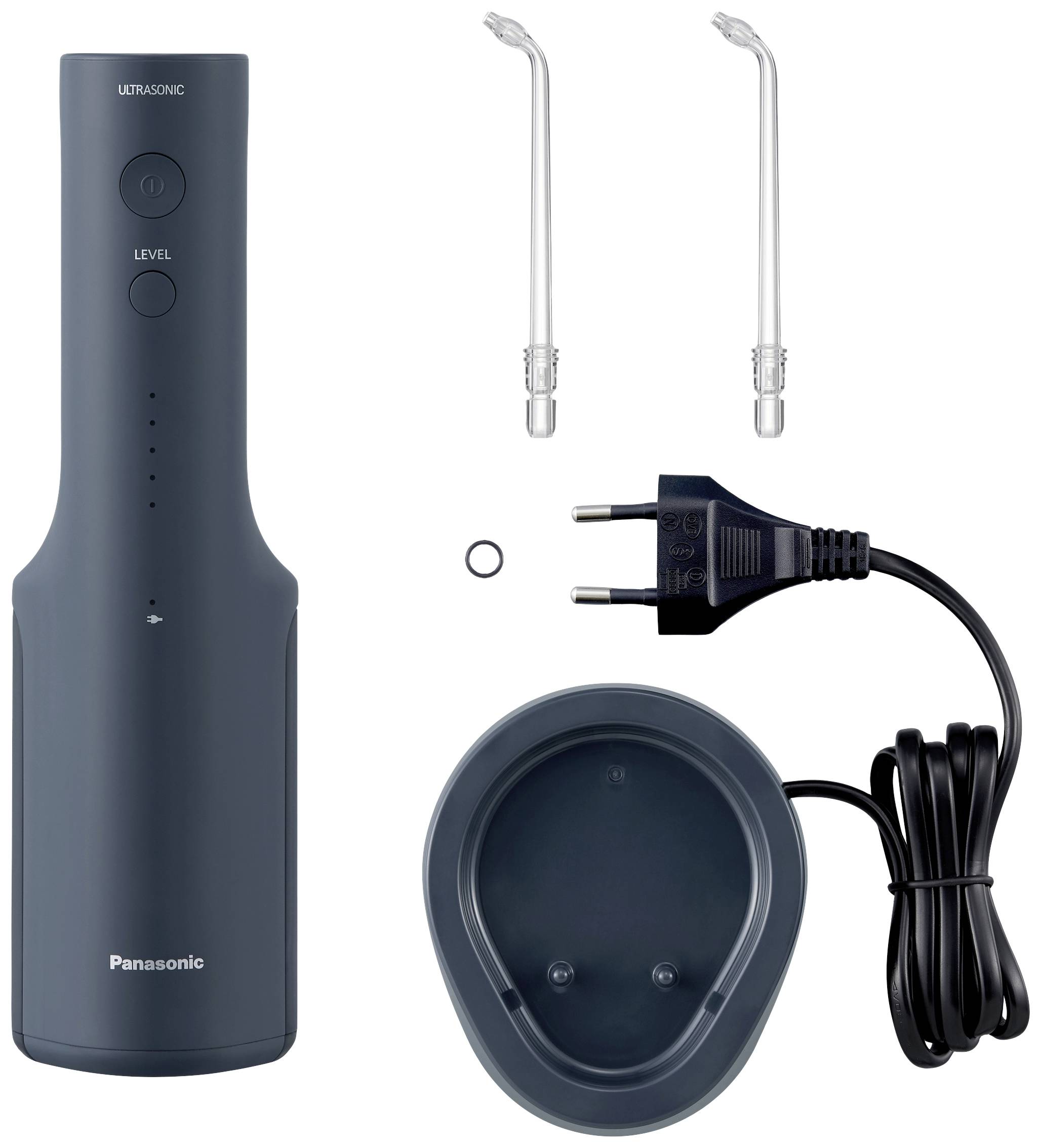 'Panasonic-Munddusche in Schwarz mit drei Stufen. Enthalten sind Basisstation, zwei Düsenaufsätze und ein EU-Stecker.'