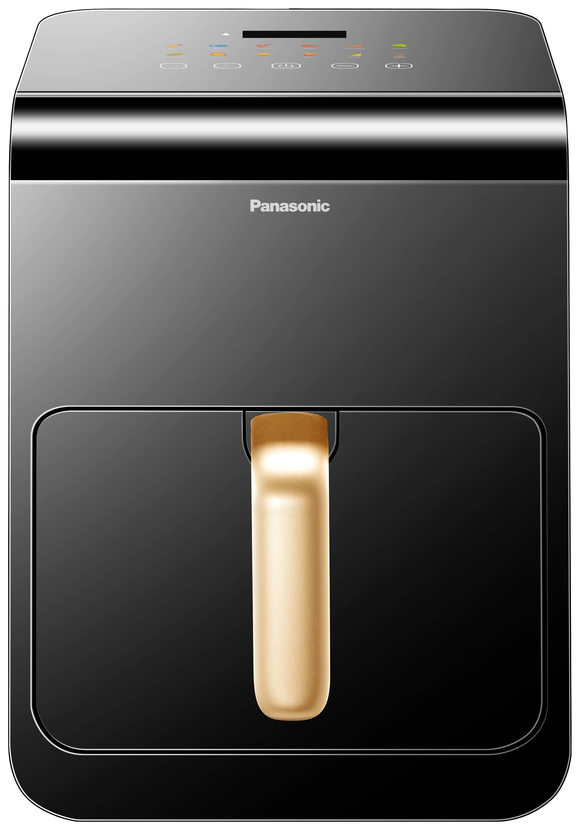 Ein schwarzer Panasonic-Automat mit bronzefarbener Griff, rechteckiges Design, einfache Bedienelemente oben.