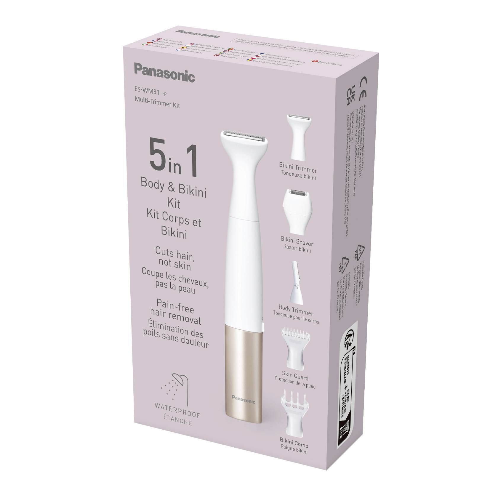 Verpackung des 'Panasonic Body & Bikini Kit 5 in 1'. Zeigt Struktur für glatte Haut, schmerzfreie Haarentfernung, wasserdicht.