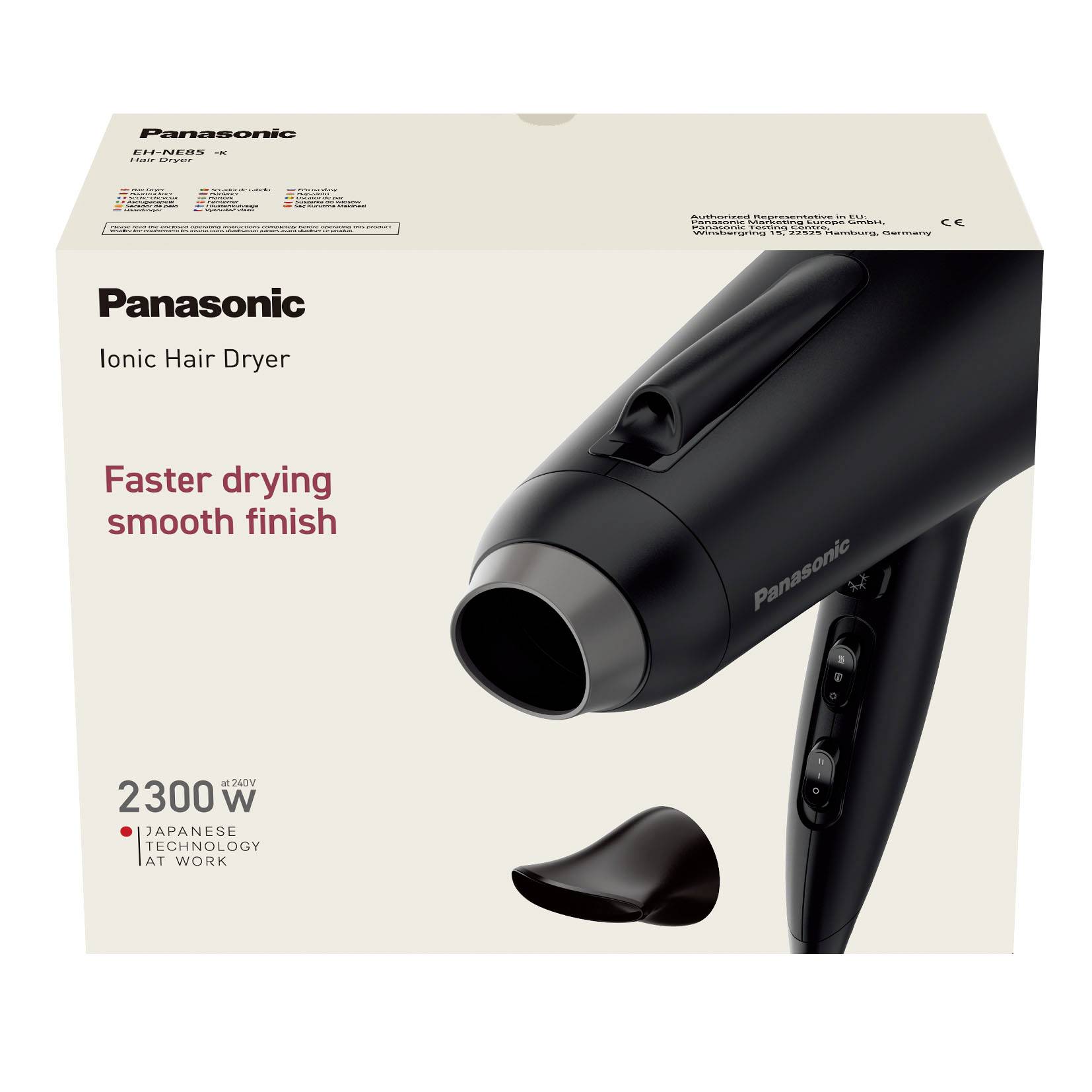 'Panasonic Ionic Hair Dryer' Verpackung, zeigt einen schwarzen Haartrockner mit dem Text 'Faster drying smooth finish, 2300W'.