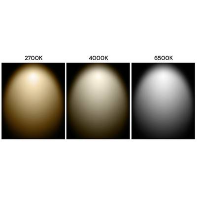 Drei Lichtkreise zeigen Farbtemperaturen: Links warmes, gelbliches Licht bei 2700K, Mitte neutrales Licht bei 4000K, rechts kühles blaues Licht bei 6500K.