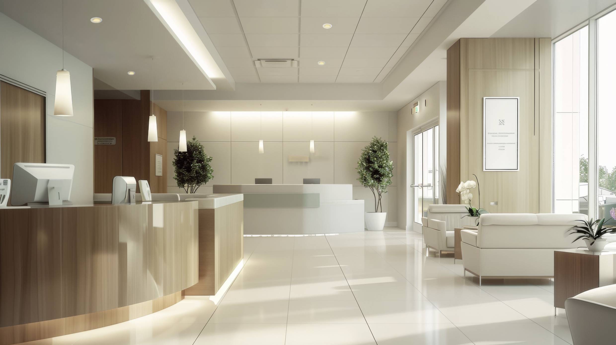 Moderne Wartezimmerlobby mit Empfangstresen, Sitzbereich und großen Fenstern, durch die Tageslicht hereinfällt. Pflanzen schmücken den Raum.
