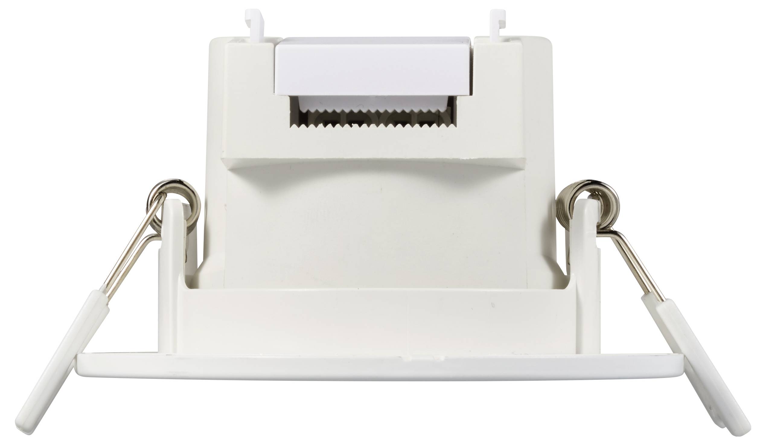 Weißes Ersatzteil mit zwei Klammern und gezacktem Element, dient möglicherweise zur Befestigung oder Verankerung.