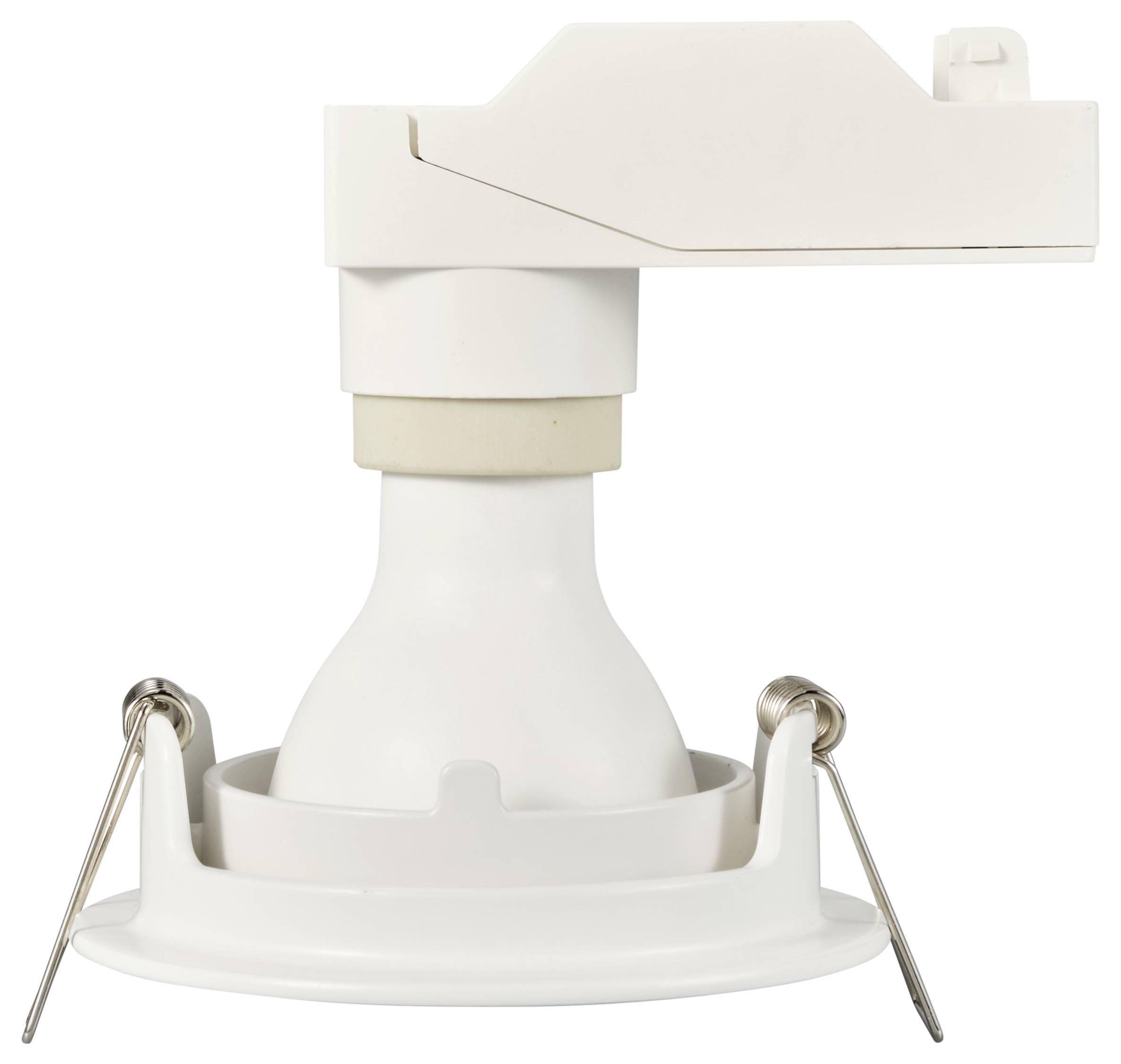 Ein weißer LNB-Halter, der für Satellitenschüsseln verwendet wird. Der Halter verfügt über Metallklemmen zur Befestigung.