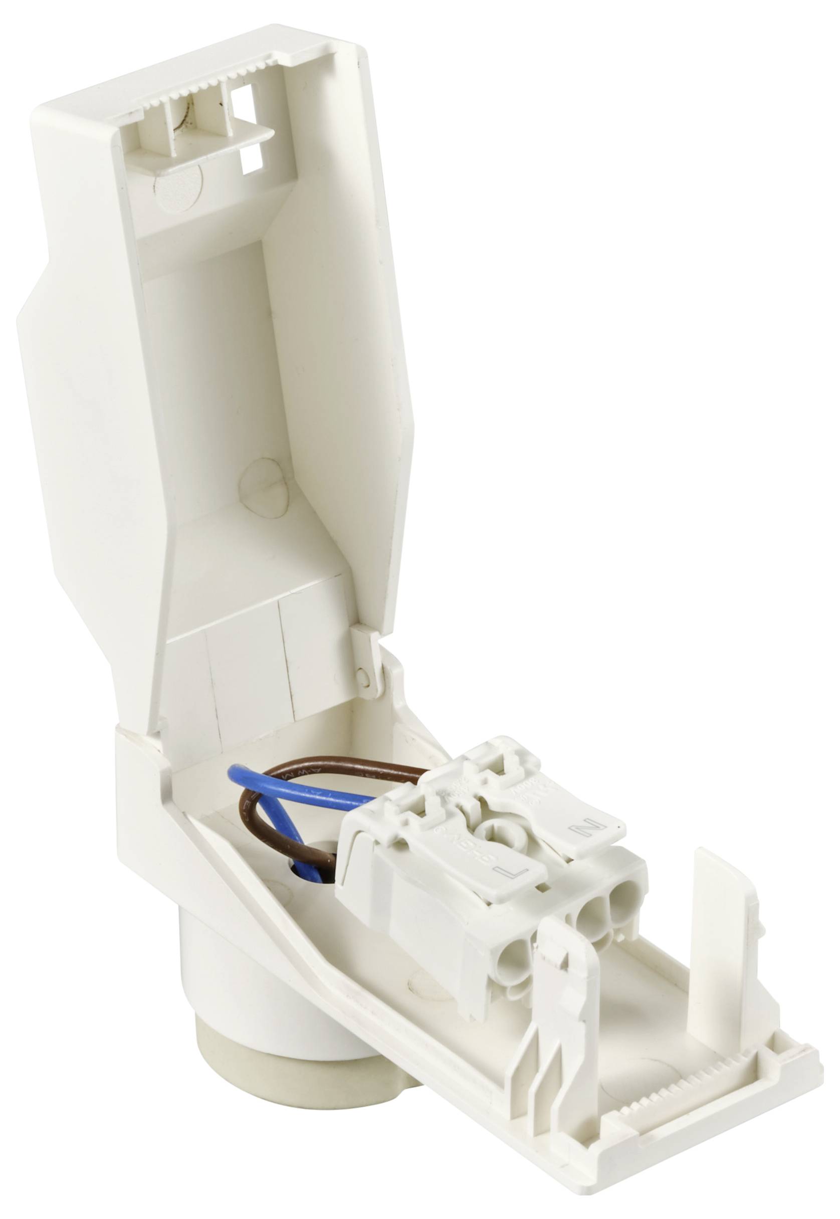 Ein offenes weißes elektrisches Gehäuse mit sichtbaren Kabelanschlüssen in Blau und Braun, zur Verbindung von elektrischen Leitungen.