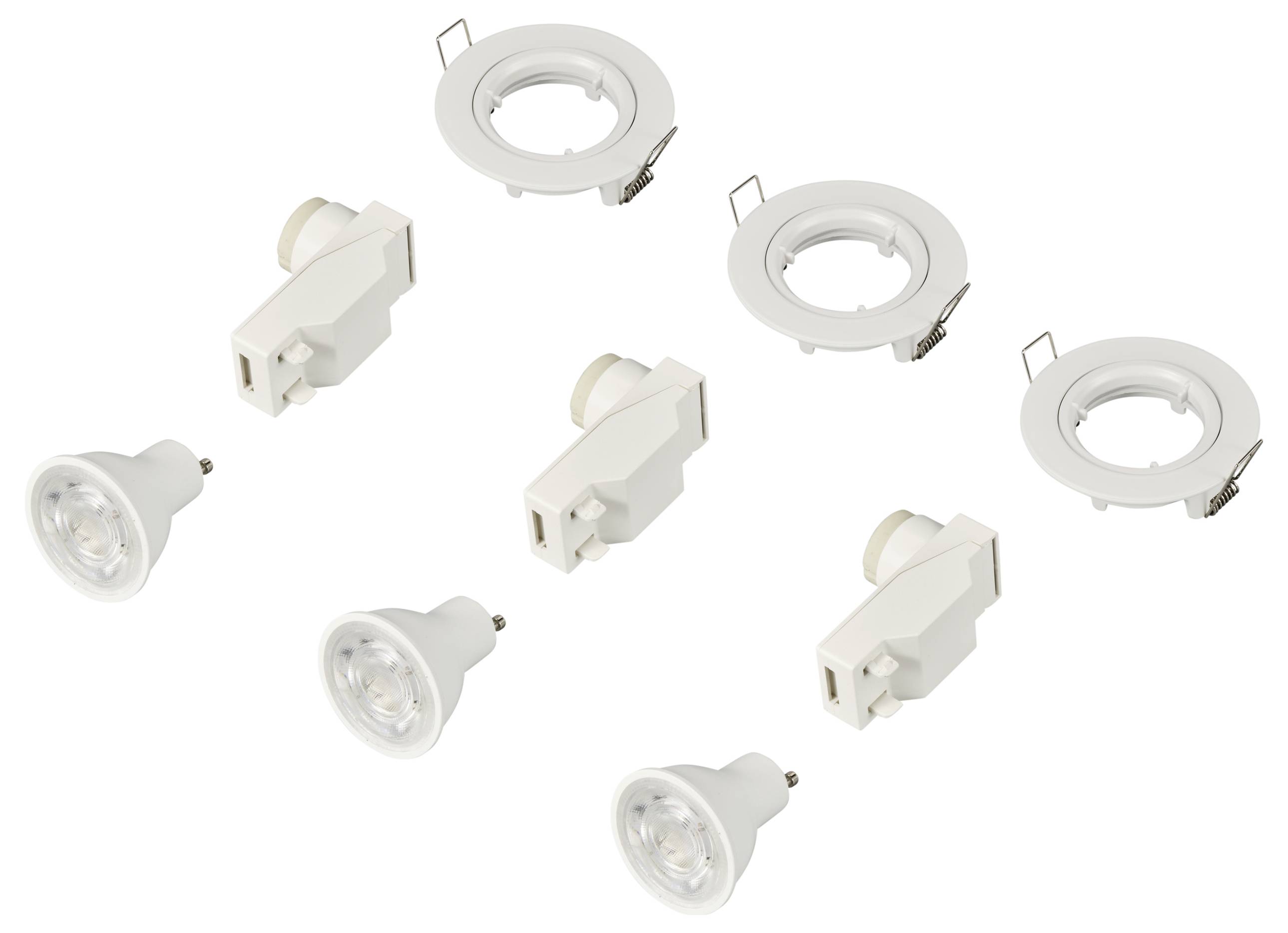 Sechs LED-Einbauleuchten und drei weiße Montagehalterungen auf weißem Hintergrund. Die Leuchten sind zylinderförmig.