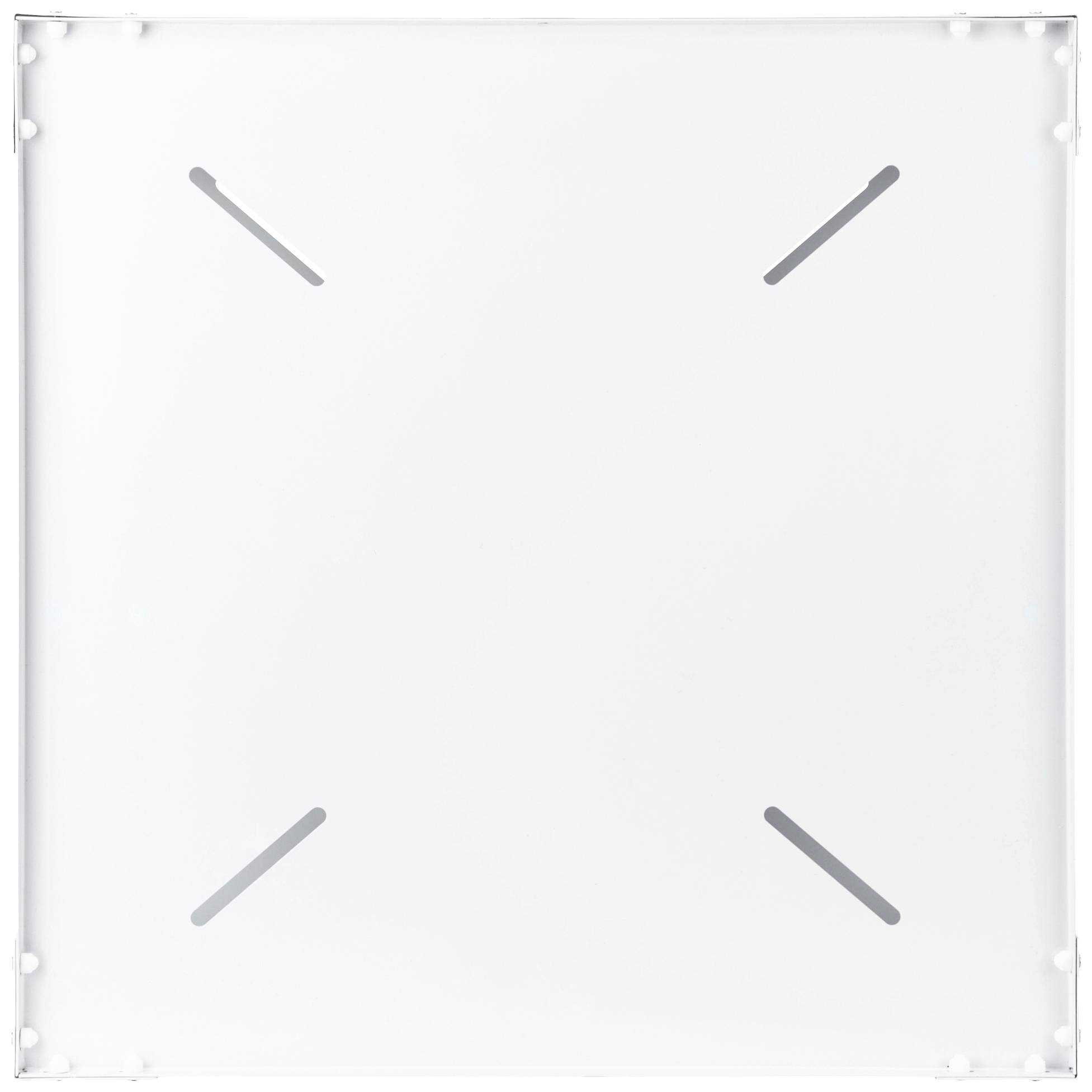 Ein weißes quadratisches Paneel mit vier diagonalen Schlitzen, symmetrisch angeordnet. Geeignet für technische oder industrielle Anwendungen.