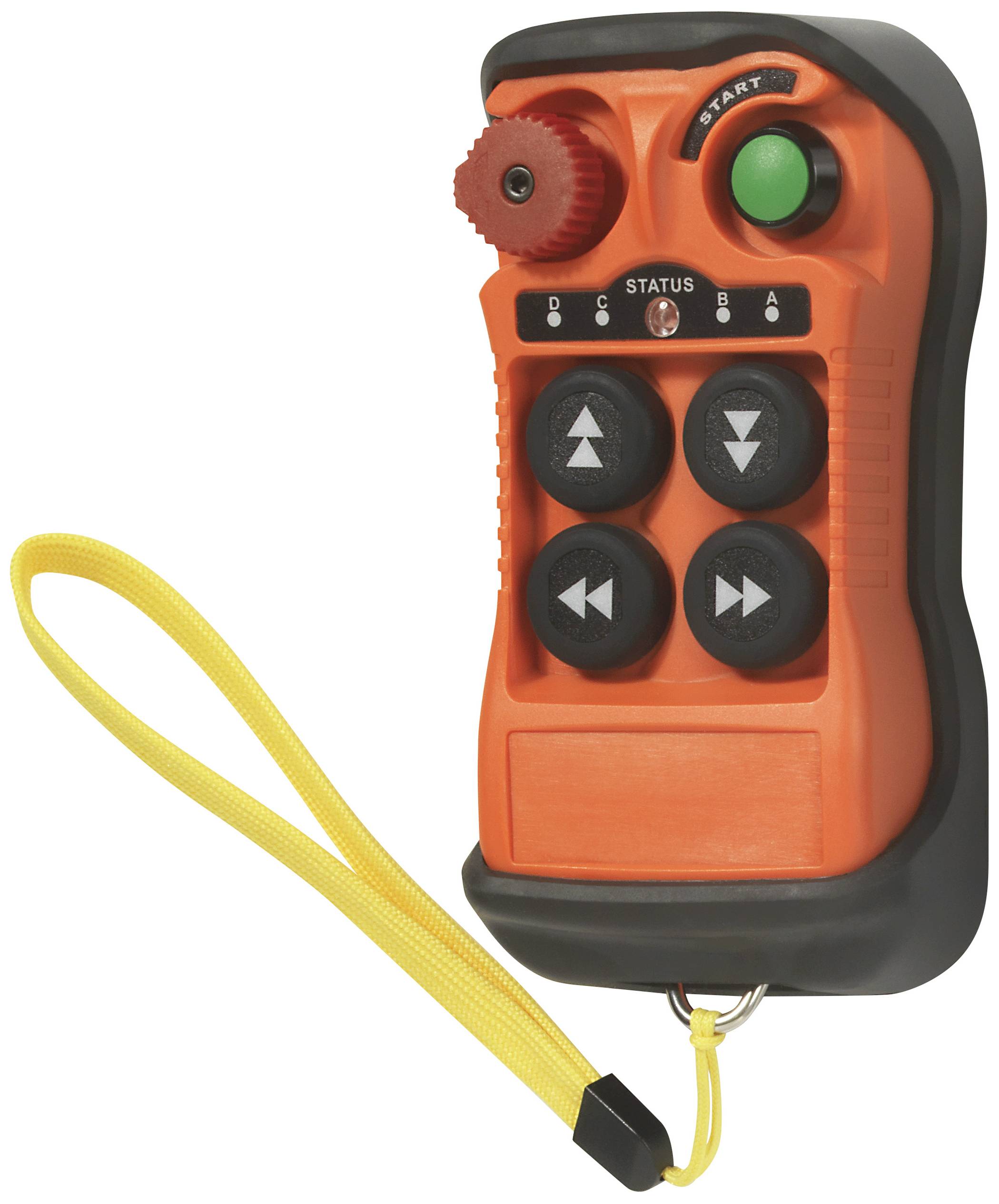 Handfernbedienung in Orange mit schwarzem Rand, vier schwarzen Richtungstasten und gelber Handschlaufe. Oben ein roter Drehknopf und ein grüner Startknopf.