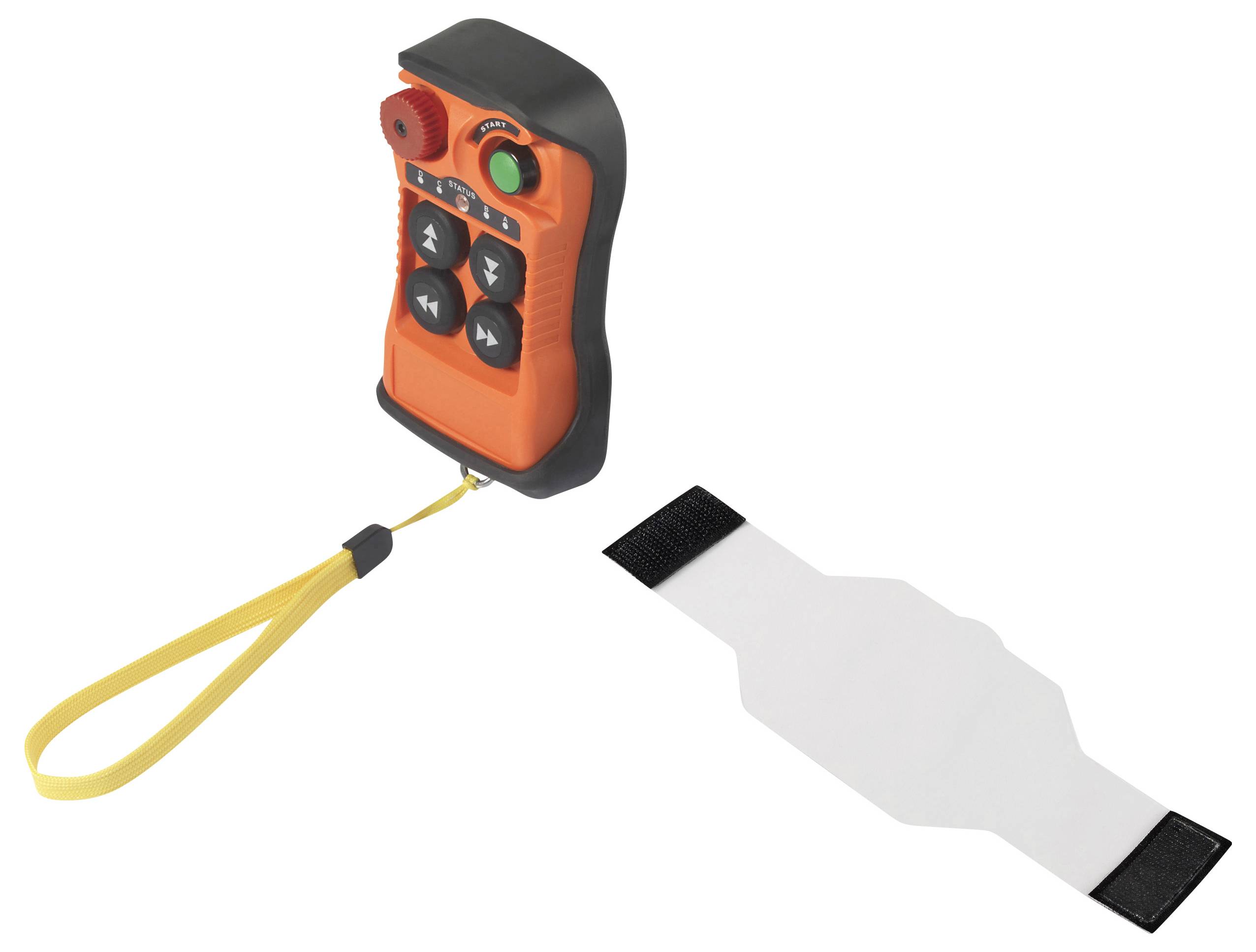 Ein orangefarbener Funkhandsender mit vier Tasten und Halteband, daneben eine weiße Schutzhülle.