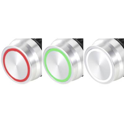 Drei silberne Drehknöpfe: links mit rotem Ring, Mitte mit grünem Ring, rechts ohne farbigen Ring.