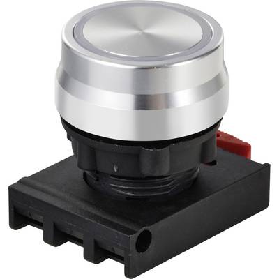 Großer silberner Knopf auf schwarzem Gehäuse mit rotem Schalter, geeignet für industrielle Steuergeräte.