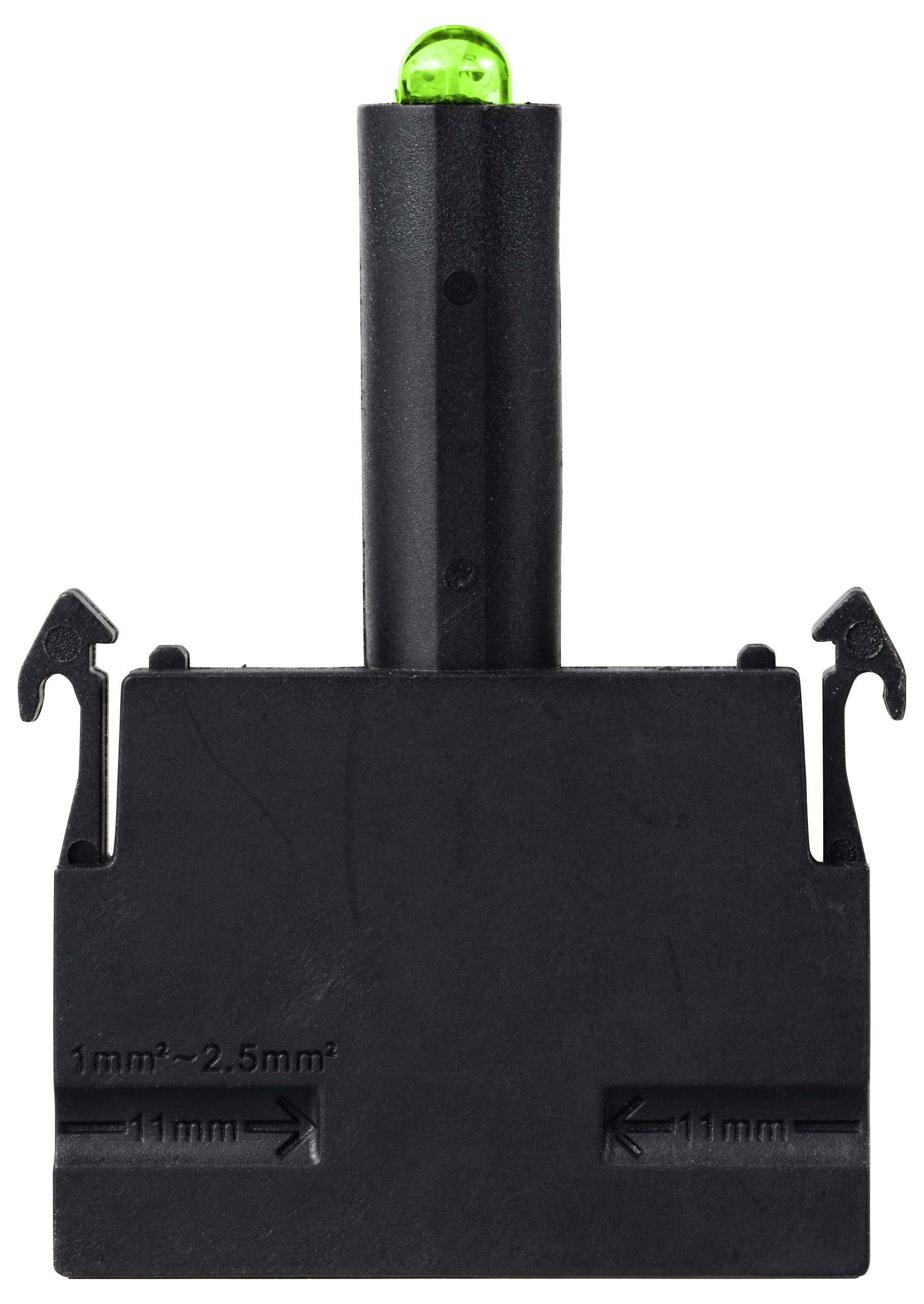 Schwarzes Kunststoffwerkzeug mit einer grünen, runden Kappe oben. An beiden Seiten befinden sich Haken mit Maßangaben von 1mm bis 2,5mm.
