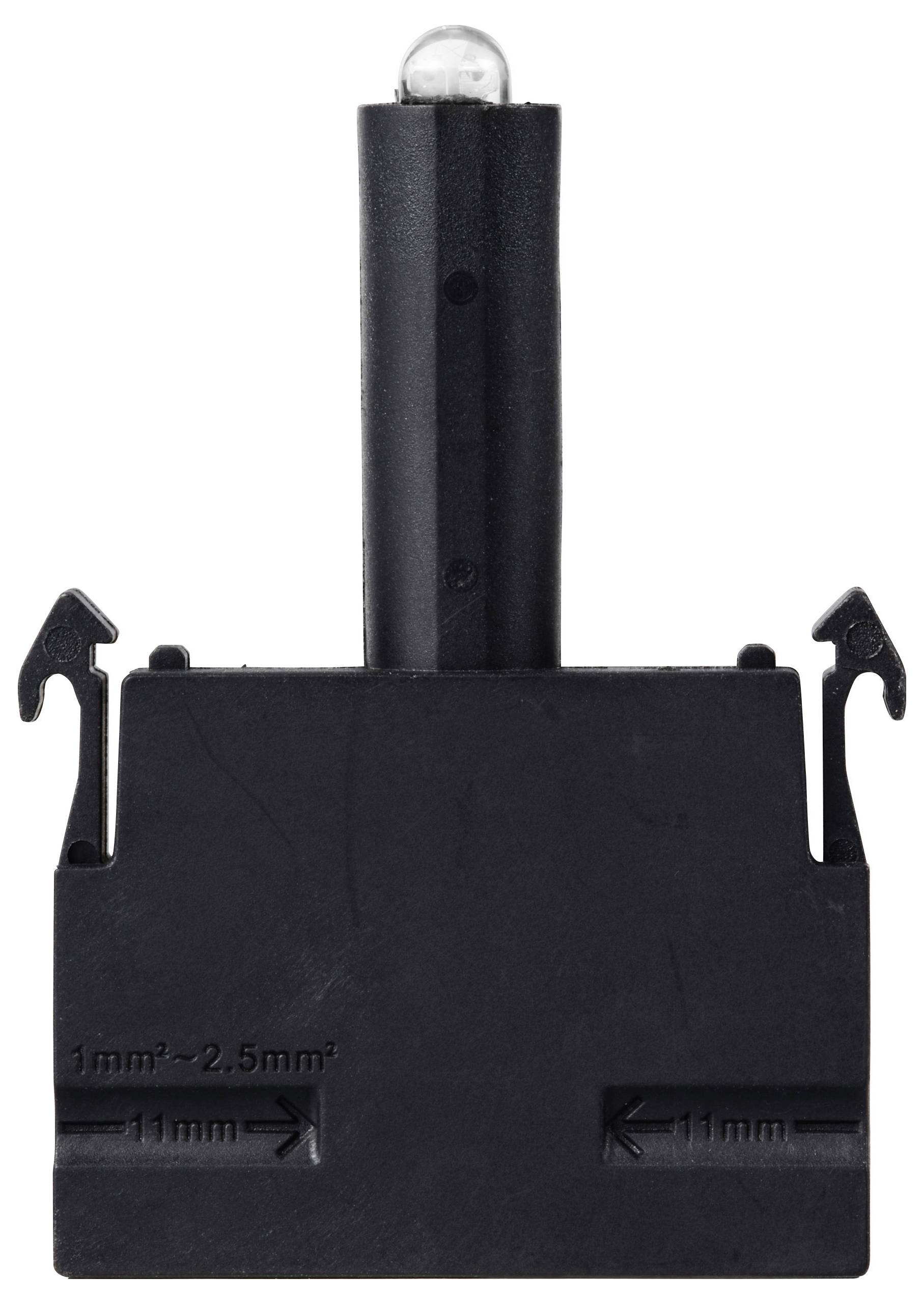 Schwarzer Plastikclip mit seitlichen Haken und senkrechtem Hebel. Beschriftung '1mm²-2.5mm², 11mm'.