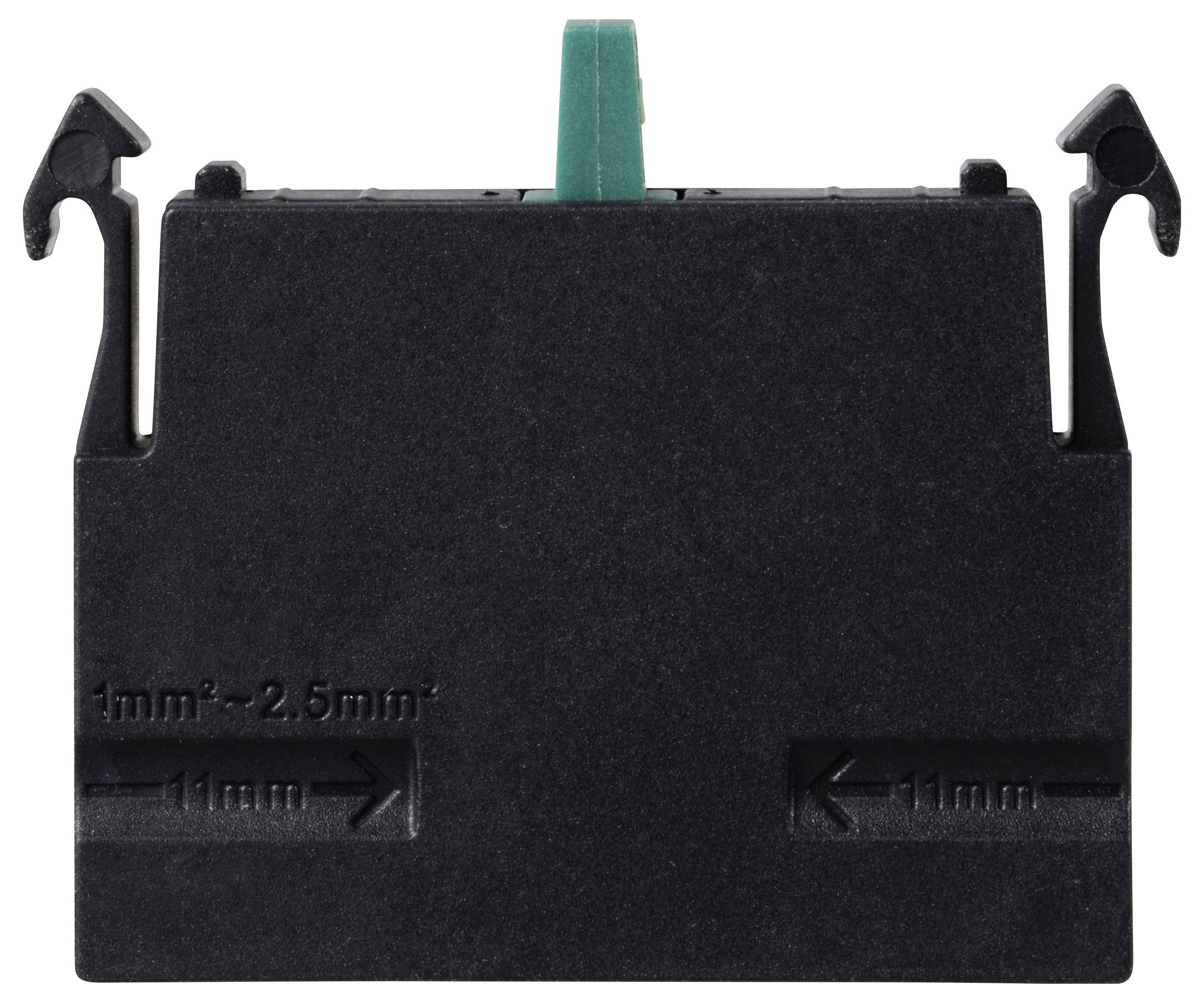 Schwarzes Kunststoffteil mit grüner Lasche oben. Markierungen '1mm² - 2.5mm²' und Pfeile zeigen 1mm in beide Richtungen.