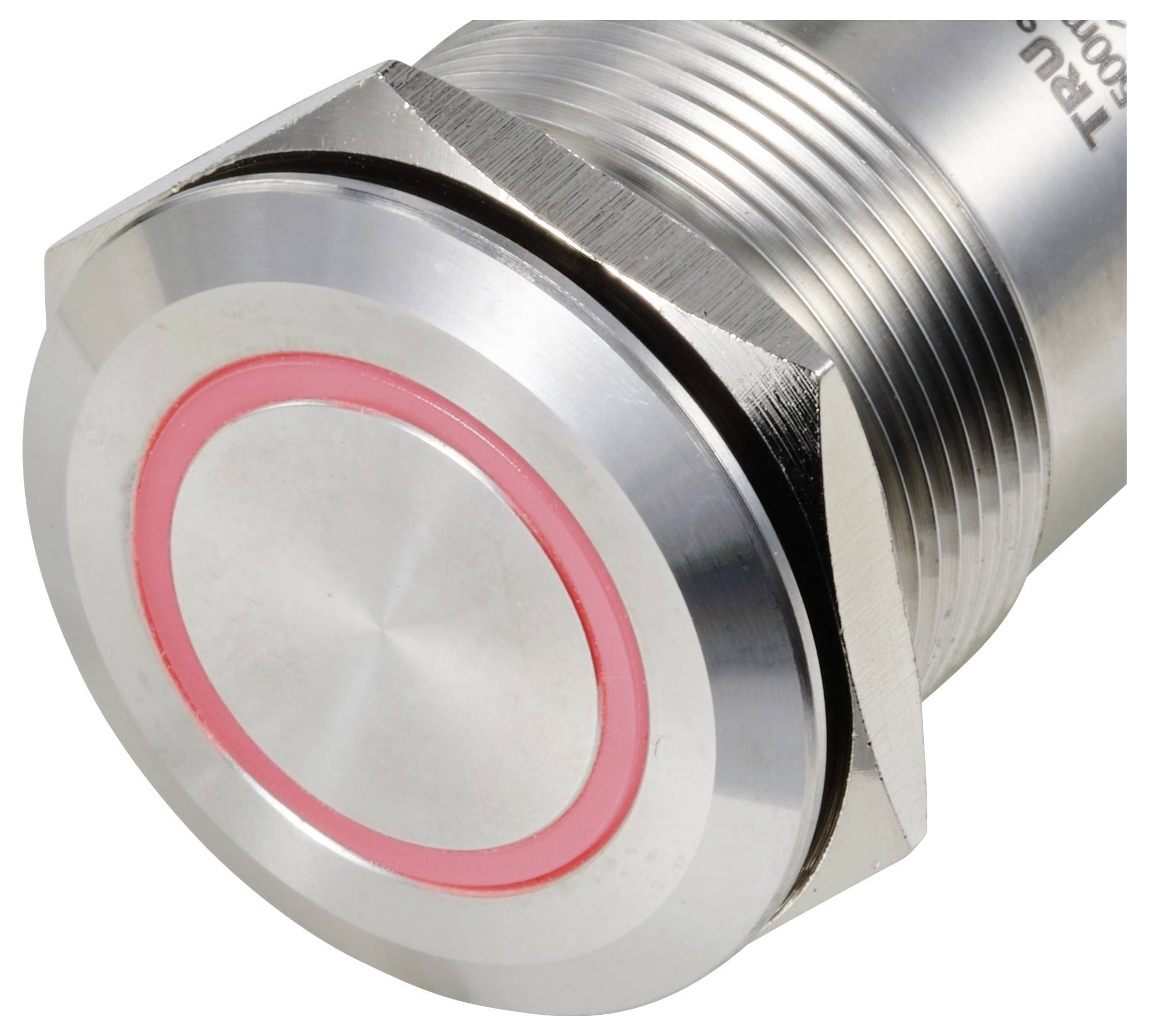 Silberner Metallknopf mit rotem LED-Ring. Funktioniert als beleuchteter Druckschalter.