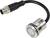 Metall-Drucktaster mit integrierter LED, verbunden über ein schwarzes Kabel mit einem M12-Stecker.