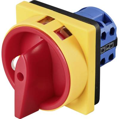 Ein roter Not-Aus-Schalter in einer gelben Fassung, seitlich integriert in ein blaues Gehäuse, dient zur Sicherheitsabschaltung.