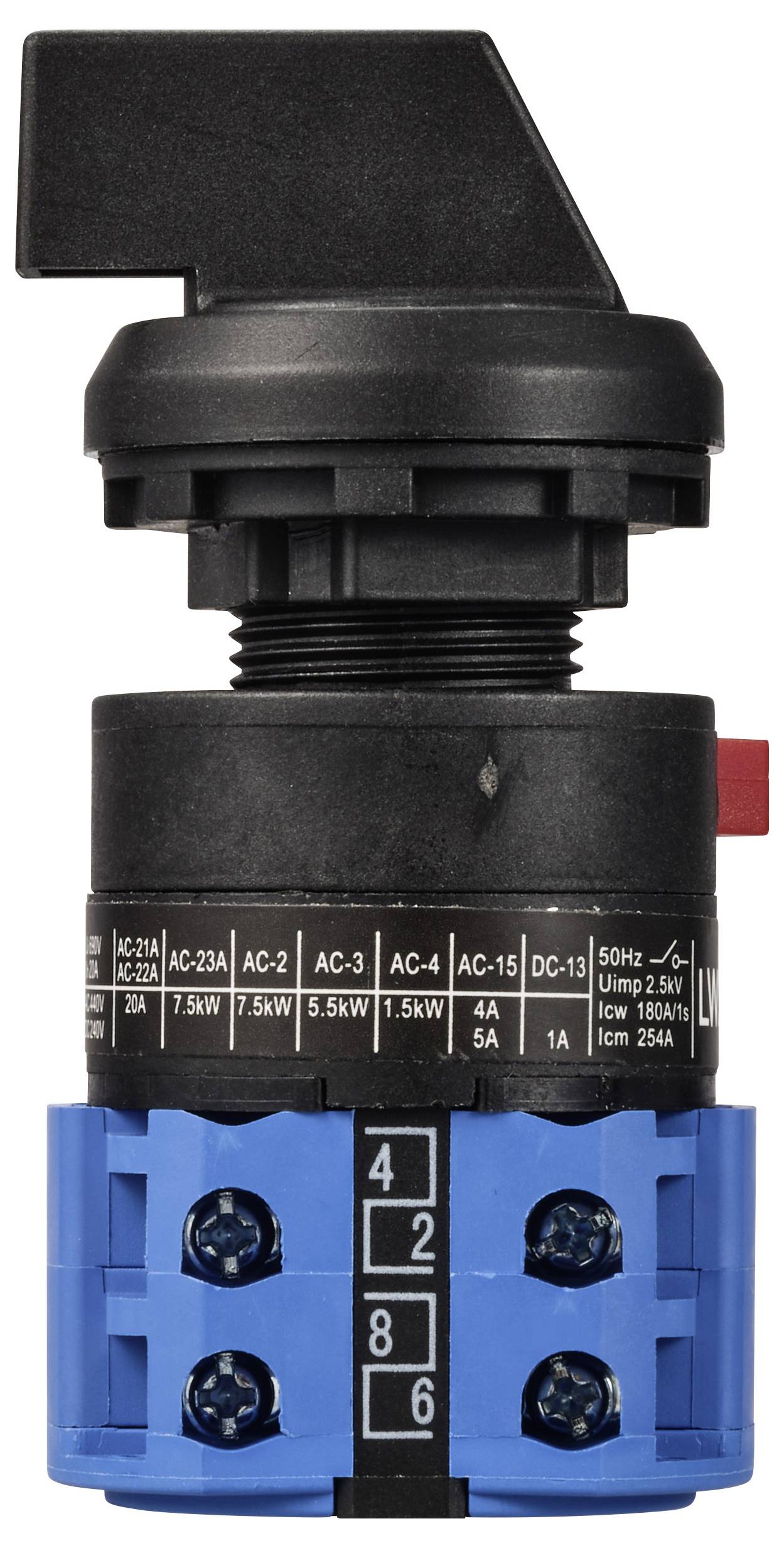 Drehschalter mit schwarzem Griff und blauem Anschluss. Beschriftungen für elektrische Spezifikationen, geeignet für verschiedene AC/DC-Anwendungen.