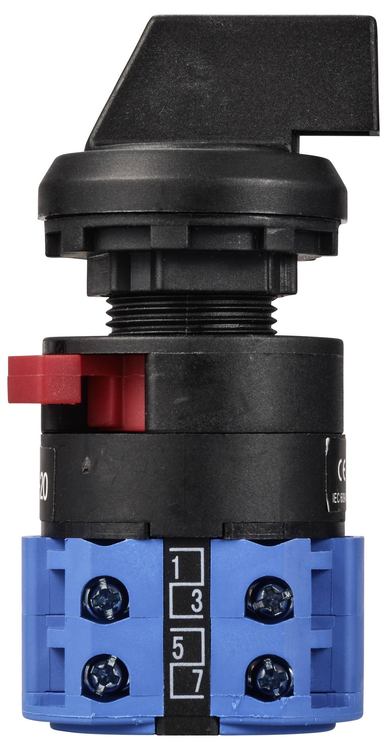 Drehschalter mit schwarzem Griff und blauer Basis. Er hat mehrere Anschlussklemmen und eine rote Markierung.