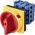 Drehschalter mit gelbem Gehäuse und rotem Griff, montiert auf einer blauen Halterung, isoliert dargestellt.