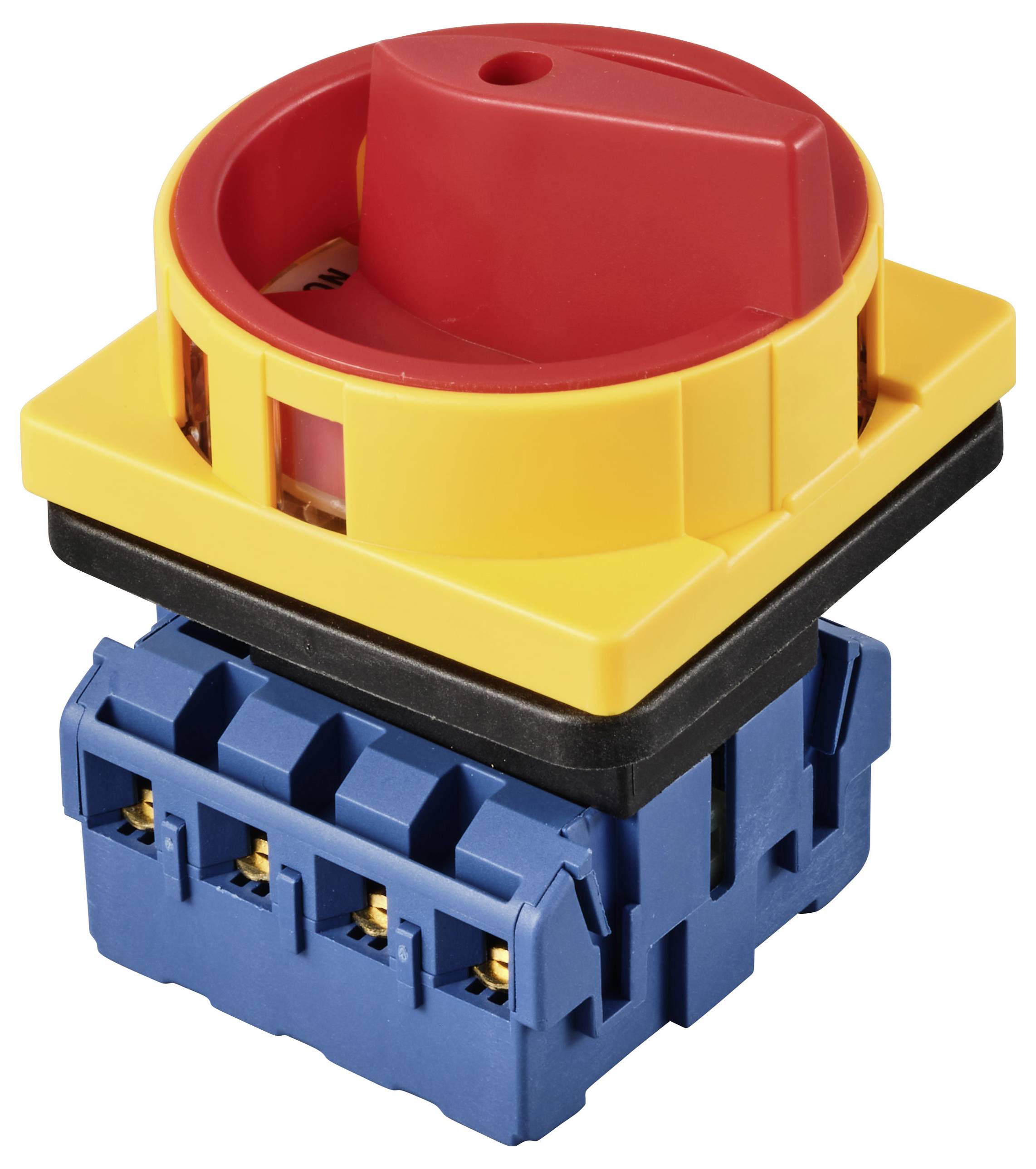 Ein roter und gelber Not-Aus-Schalter mit blauem Sockel. Der Schalter wird oft in Maschinen als Sicherheitsmaßnahme verwendet.