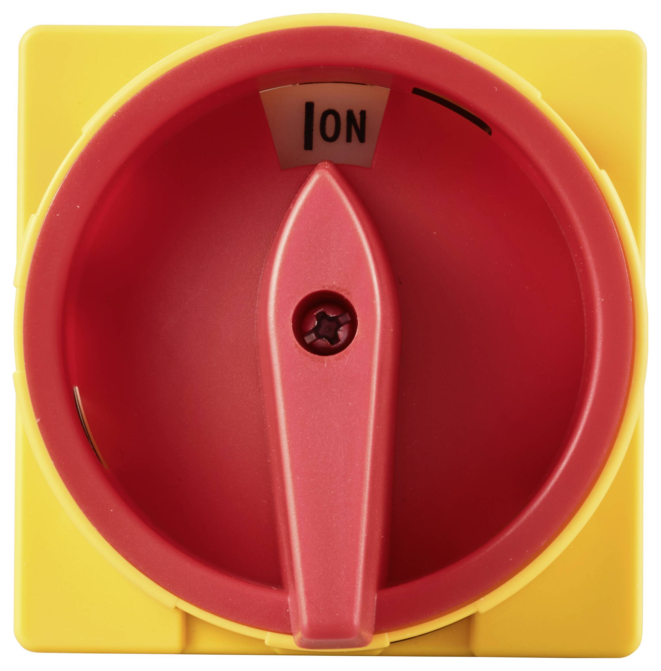 Ein roter und gelber Hauptschalter in der 'ON'-Position.