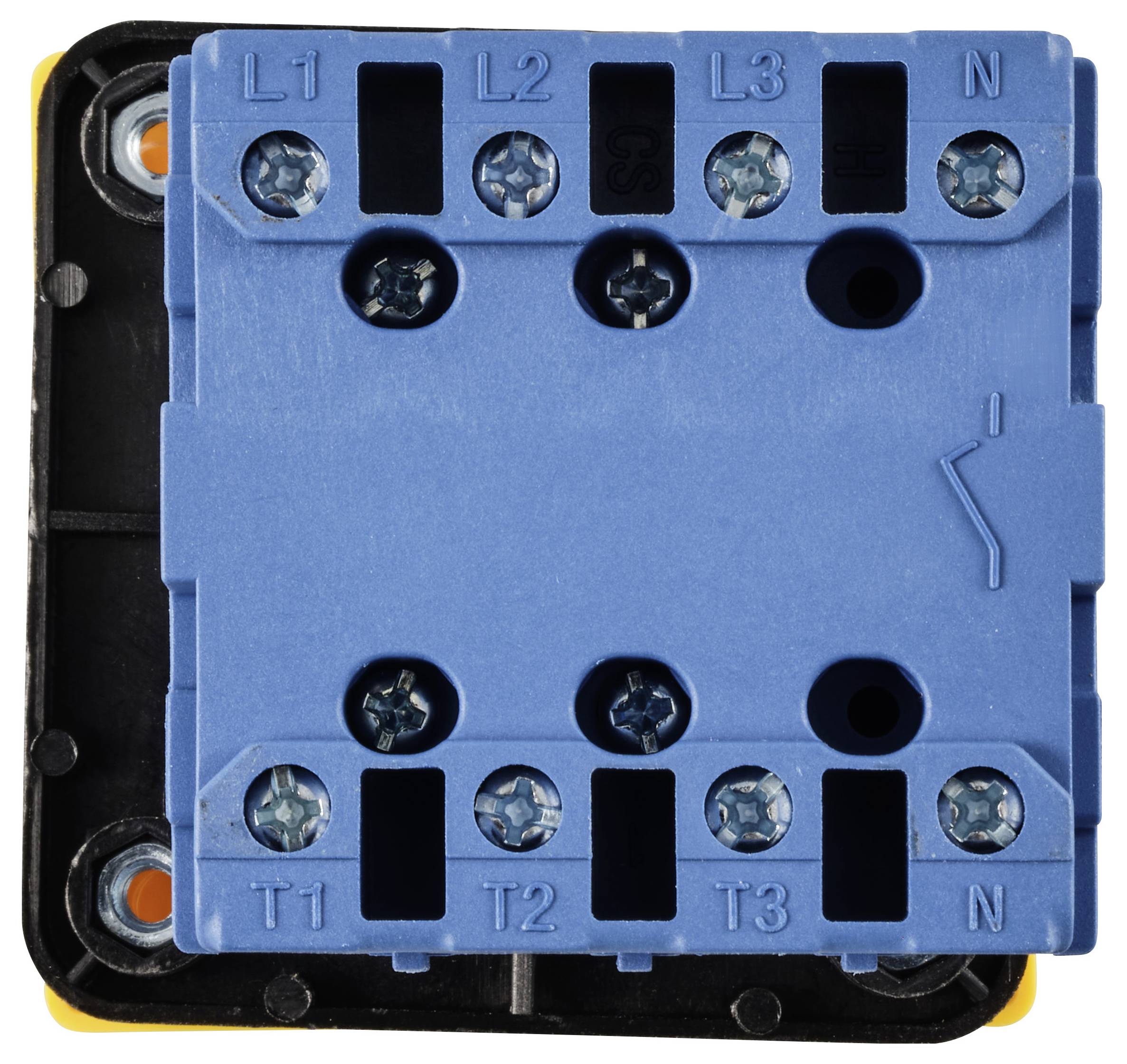 Ein blauer elektrischer Anschlussblock mit mehreren Schraubverbindungen, gekennzeichnet mit 'L1', 'L2', 'L3', 'N', 'T1', 'T2', 'T3'.